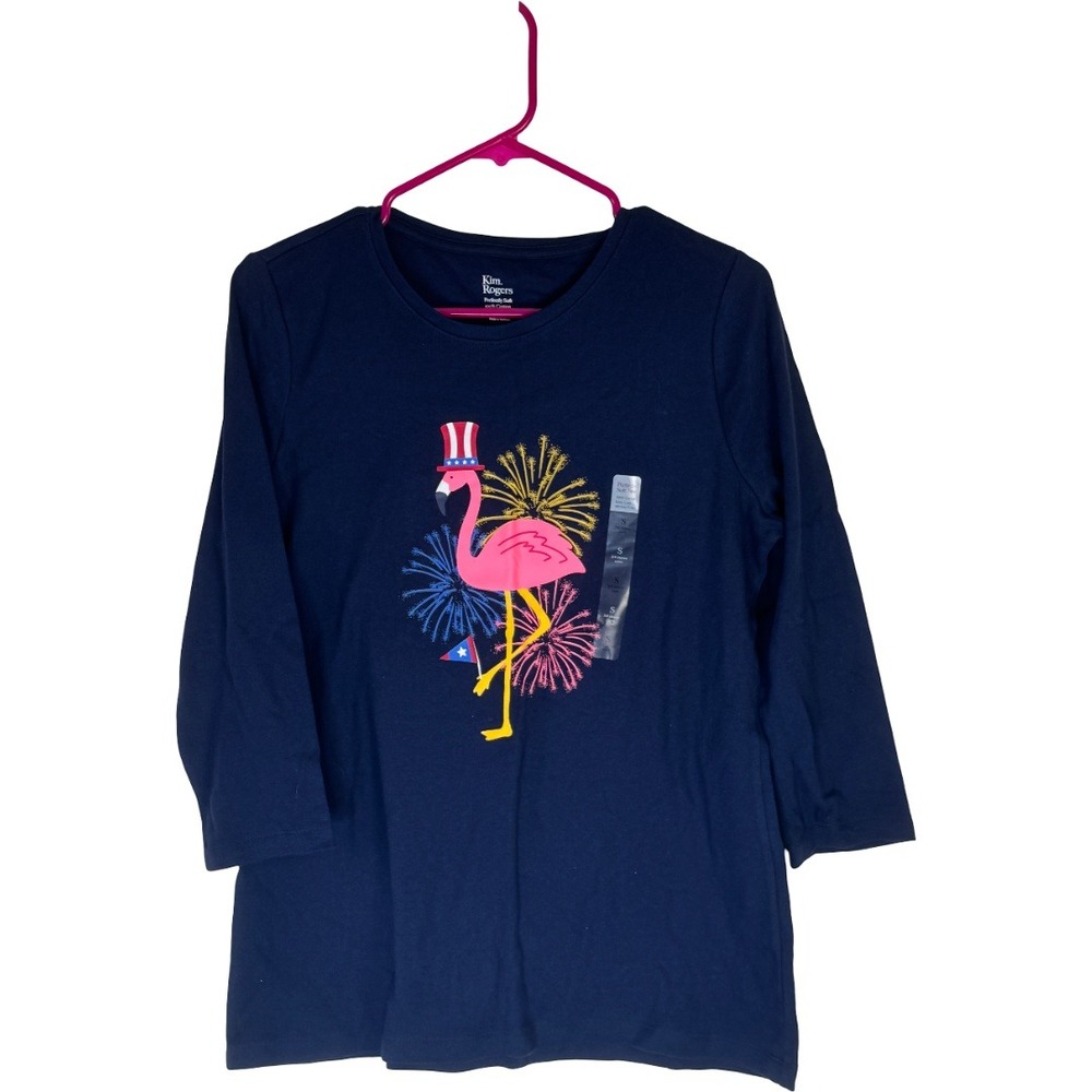 Kim Rogers Flamingo Graphic Tee Womens Small Navy Blue 4th July 3/4 Sleeve Top